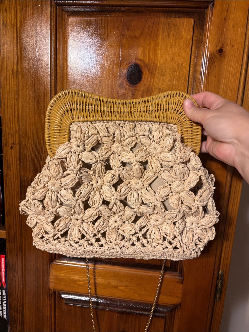 Handwoven Beige Crochet Crossbody Bag with Rattan Handle